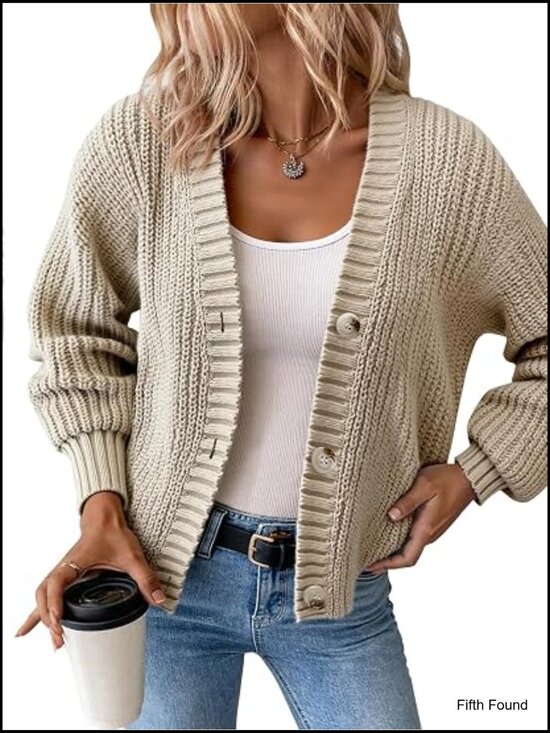 Sweaters - Chunky Knit Cardigan – Waffle Knit Button Down Oversized V Neck Fall Sweater